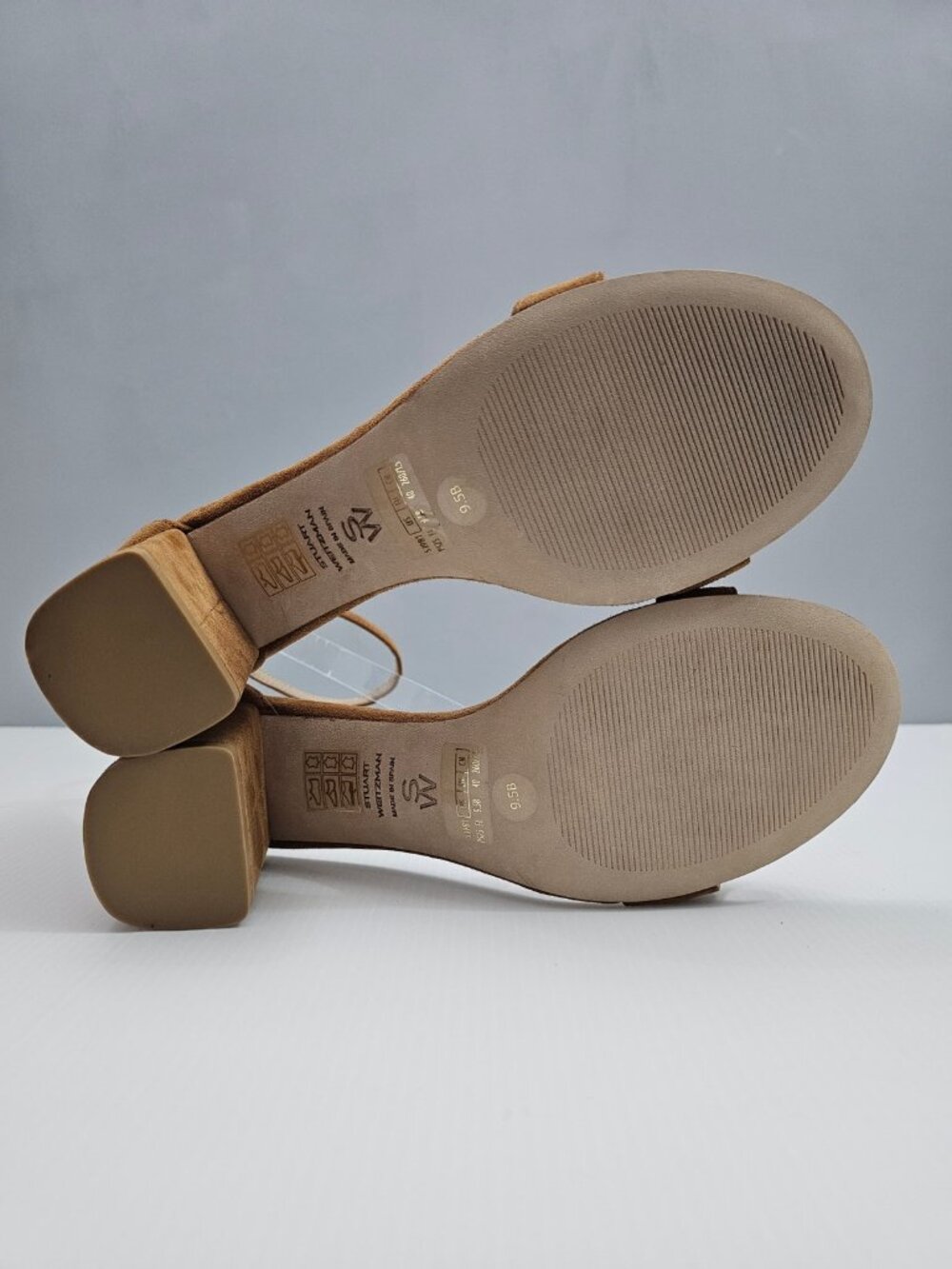 Stuart Weitzman Nudist Block 75 Sandal Womens 9.5 Caramel Brown Suede Block Heel - Picture 12 of 14